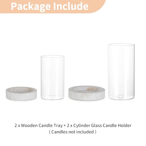 NUPTIO Hurricane Candle Holder for Wedding: Glass Cylinder Vase with Distressed White Wood Plate - Set of 2 Tall Pillar Candles Holder for Christmas Thanksgiving Holiday Decoration - color: Rustic White