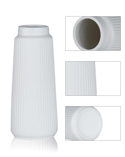 White Ceramic Vase, 8 Inch Conical Flower Vase for Pampas Grass, Modern Minimalist Ribbed Decorative Vase for Living Room Table, Shelf Decor - color: Matte White03