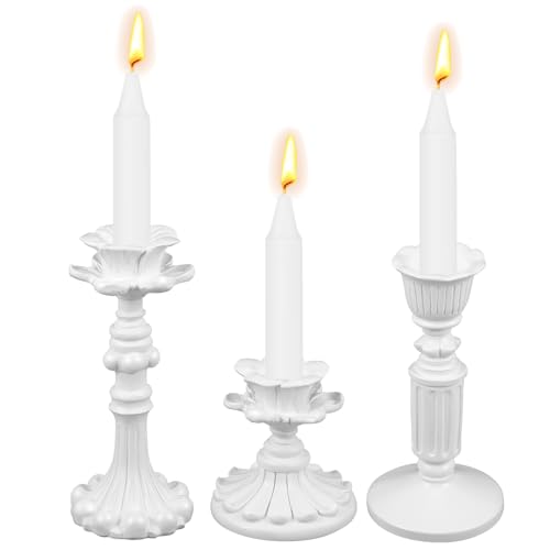 Suclain 3 Pcs Vintage Candlestick Holders Taper Resin Candle Holder Retro Antique Candle Holder Floral Decorative Candlesticks for Wedding Anniversary Table Centerpieces Fireplace Home Decor (White) - color: White