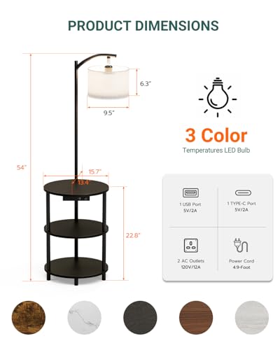 Round Side Table with Lamp and USB Ports, 3-Tier Small End Table for Living Room & Bedroom, Rustic Wood Metal Nightstand for Small Spaces, Easy to Assemble, Charcoal Wenge - color: Charcoal Wenge, size: 1-Pack, style: Built-in Charging + Lighting