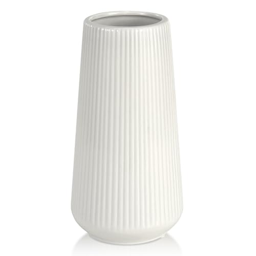 White Ceramic Vase for Flowers, Tall Home Decor Vase with Ribbed Texture, Vases for Centerpieces, Farmhouse Decor, Living Room, Decor Bedroom, Table, and Kitchen Shelf (XL White) - color: XL White