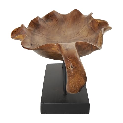 Deco 79 Teak Wood Leaf Decorative Sculpture Floating Home Decor Statue with Black Stand and Base, Accent Figurine 21" x 11" x 10", Brown