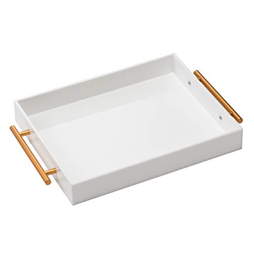 Glossy White Acrylic Tray with Metal Handle,No Need to Assemble-Acrylic Tray for Ottoman,Coffee Table, Breakfast, Tea, Food, Butler - Decorative Tray (12x18 Inch, White) - color: White, size: 18" x 12" x 2"
