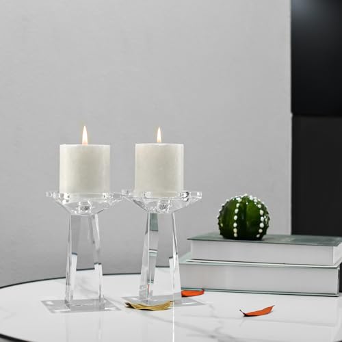 Crystal Taper/Pillar Candle Holders Set of 2, Heavy Solid Hand Cut Candle Stands Set, 6.3 Inches Height, Table Centerpiece Home Decor for Wedding, Dining, Party, Clear