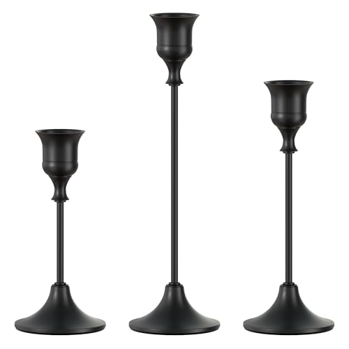 FSyueyun Black Candle Holder Set of 3, Elegant Metal Candlestick Holders for Vintage Taper Candle Holders, Perfect for Table Centerpieces, Fireplace Mantels, Home Decor, Weddings and Party Decorations - color: Black, size: Set of 3