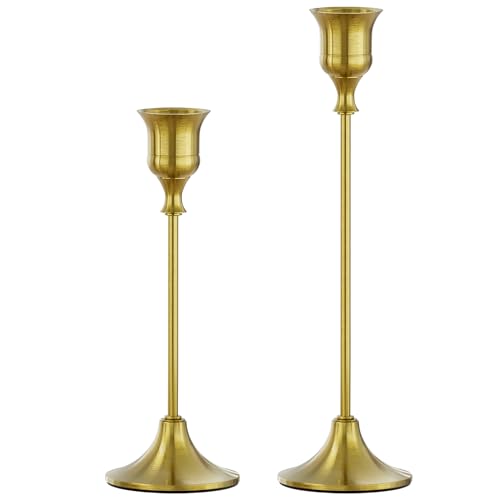 FSyueyun Brass Candlestick Holders Set of 2, Elegant Metal Candlestick Holders for Vintage Taper Candle Holders, Perfect for Table Centerpieces, Fireplace, Home Decor, Weddings and Party Decorations - color: Brass, size: Set of 2