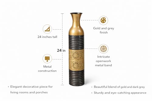 24" Gold and Grey Embossed Metal Decorative Floor Vase – Large Modern Luxury Accent Vase for Living Room, Entryway & Home Decor