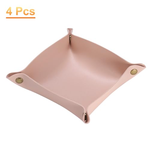 HARFINGTON 4pcs PU Leather Valet Tray Unisex Folding Small Catchall Tray Portable Entryway Table Tray Nightstand Bedside Desk Tray for Key Wallet Watch Coin Jewelry Dice, Pink - color: Pink