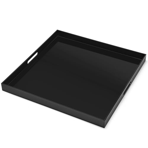 24×24 inches Oversized Black Acrylic Ottoman Tray Extra Large Decorative Tray Spill-Proof Serving Trays with Handles King-Size Safe Edge Organizer for Coffee Table Countertop Breakfast - color: Glossy Black, size: 24" x 24" x 2"