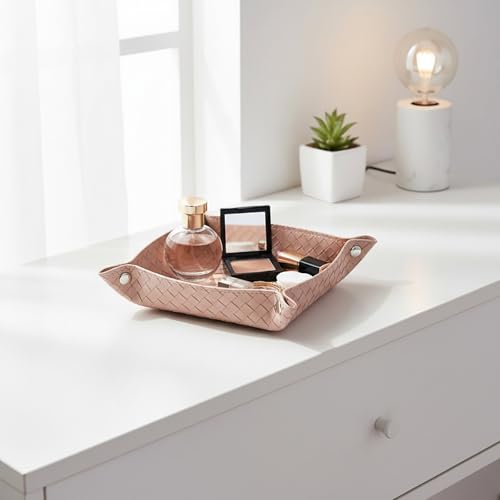 UnionBasic Small Valet Tray, Jewelry Tray for Rings Watches Earrings, Entryway Catchall Caddy for Coins Keys Change, Nightstand Bedside Valet Holder, Trays for Electronic Gadgets, Woven Pink - color: Woven Pink, size: 5.4" x 5.4" x 1.6"