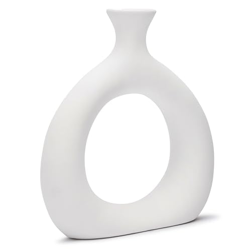 Ajuny Donut Vase Set of 2 – White Ceramic Modern Vases for Flowers, Pampas Grass, Centerpieces | Boho Table Decor for Living Room, Wedding, Kitchen, TV Stand, Office, Shelf, Mantle - style: Hollow-Circle-Vase