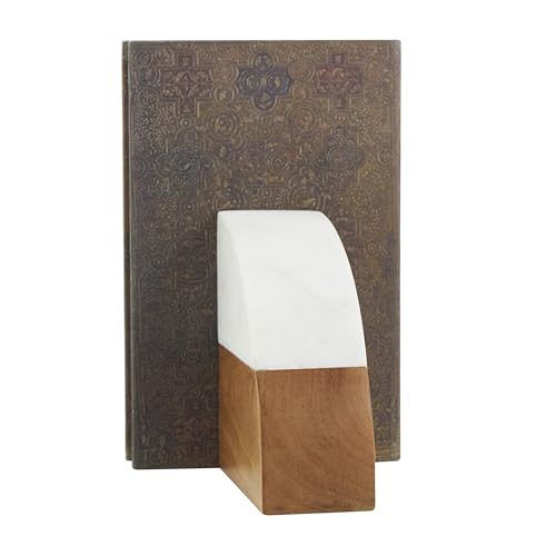 Deco 79 Mango Wood Geometric Decorative Bookends Arched 5 lbs Non Skid Bookends with White Marble Tops, Set of 2 Office Bookends5 W, 5" H, Brown - size: 5"W, 5"H