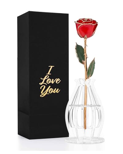 Forever Rose Bloom Box & Phantom Vase Combo, 24K Gold Trim Red Dipped Rose in a Personalized Gift Box That Says I Love You Embossed in Gold Foil, Unique & Everlasting Gift for Any Occasion - color: "I Love You" Red Rose Dipped Rose (Phantom Vase & Bloom B