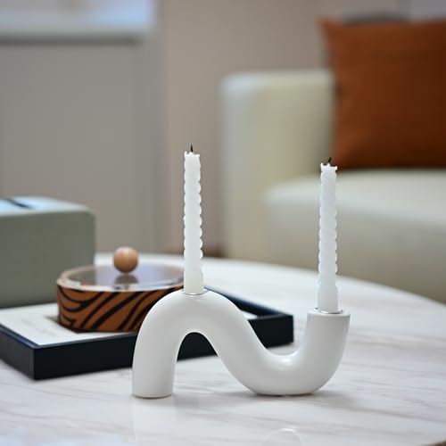 Ceramic Candle Holder, Modern Taper Candlestick Holder for Dining Table, Living Room Coffee Table, Candelabra for 2 Taper Candles-White - color: White