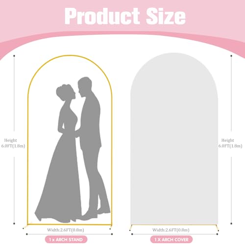 6FT Arch Backdrop Stand and Arch Cover Set, Gold Metal Arch Stand Backdrop with White Arch Stand Cover Ideal for Weddings, Birthday Parties, Baby Showers, Celebration Decorations - size: 6 FT