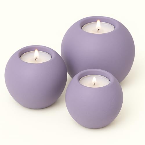 Concrete Sphere Tea Light Holder - Minimalist Centerpiece - Candle Holder - Modern Interior Design (Lilac Purple, Set of 3 Sizes) - color: Lilac Purple, size: Set of 3 Sizes