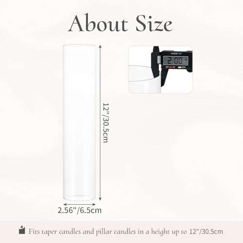 Hurricane Glass Candle Holders: 2.5" W x 12" H Open Ended Clear Cylinder Candle Cover Tall Bottomless Chimney Sleeve Bulk for Pillar & Taper Candles for Wedding Party Christmas Set of 6