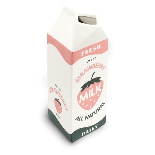 Retro Strawberry Milk Carton vase –Vintage Inspired Kawaii Ceramic -Pink Strawberry Flower vase -Cute Accent Decor for Your Home Kitchen Office
