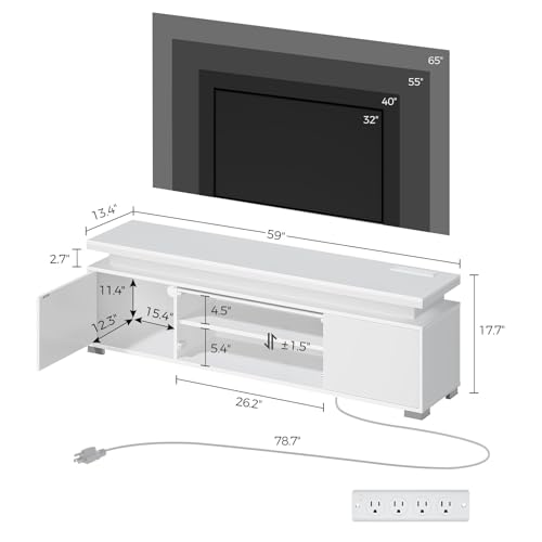 Rolanstar TV Stand with LED Lights & Power Outlet, Modern Entertainment Center for 32/43/50/55/65 Inchs TVs, Table, Universal Gaming Media Stand Storage Cabinet and Large Storage, White - color: White