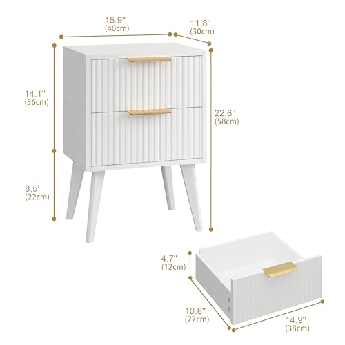 YAUKOMEL Fluted Nightstand with 2 Drawers,Modern Bedside Table with Metal Handles,Side Table with Solid Wood Legs,End Table for Living Room,Bedroom,Small Spcae 11.8" D x 15.7" W x 22.8" H White CTG55W - color: White, style: Fluted Style