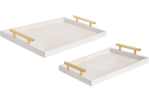 Set of 2 Modern Elegant Large Wood Serving Tray, Rectangle Decorative Tray Ottoman Tay Coffee Table Tray, Pearl White Crocodile Leather with Gold Polished Metal Handles - style: White Crocodile Tray