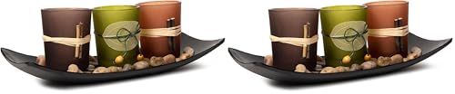 Dawhud Direct Decorative Votive Candle Holders, Vintage Decor Flameless Candlescape Set, 3 LED Tea Light Candles, Rocks and Tray - Fall Table Decor (Earth Tones) (Pack of 2) - size: Natural Earth Tone (Pack of 2)