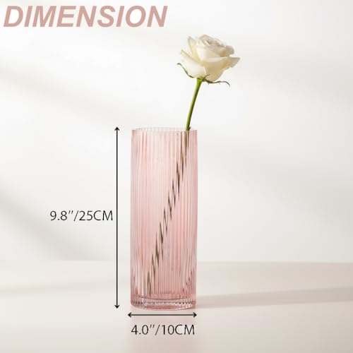Pink Glass Vase for Flowers Ribbed Glass Vase, Pink Flower Vase, Tall Cylinder Glass Vases for Centerpieces, Living Room, Bedroom, Dining Table, Office, Wedding, Bookshelf Decoration,10 Inches - color: Pink, size: 10''