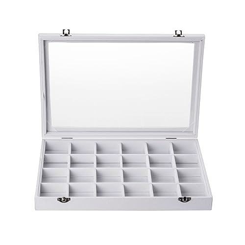 Frebeauty Velvet Jewelry Tray,24 Grid Jewelry Organizer with Clear Lid,Earring Holder Organizer with Clasp,Drawer Insert Rings Pendants Brooches,13.8 x 9.5 x 2 Inches,Gift for Women Girls(White) - color: White, size: 24 Grid