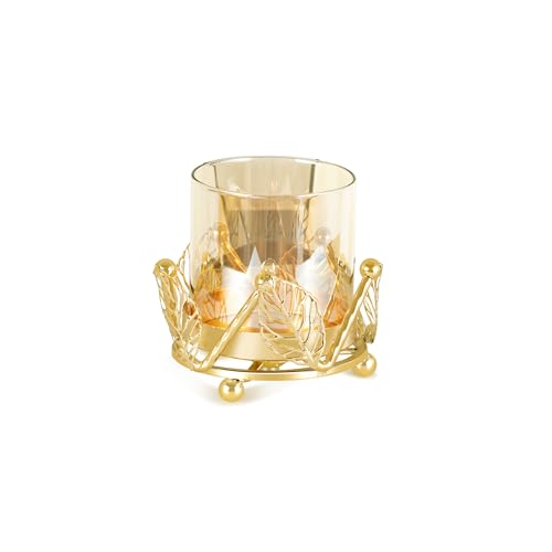 Hurricane Candle Holder, Gold Pillar Candle Holder with Leaf-Shaped Decorative Accents & Windproof Glass Lid, Perfect for Weddings, Dinners, Parties & Special Events - size: 10cm