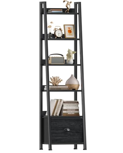 Furologee 6 Tier Ladder Shelf,Ladder Bookshelf with Drawer,Industrial Tall Bookcase,Storage Rack Organizer,Wood Metal Freestanding Shelves for Living Room, Home Office, Bedroom,Black Oak - color: Black Oak, size: 6-Tier, 15" W