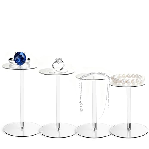 4 Pack Round Acrylic Display Stands, 5.5-5.9-6.5-7in Small Clear Acrylic Display Risers, Plastic Clear Pedestal Set for Gem Jewelry Display, Cupcake Party Table Decor