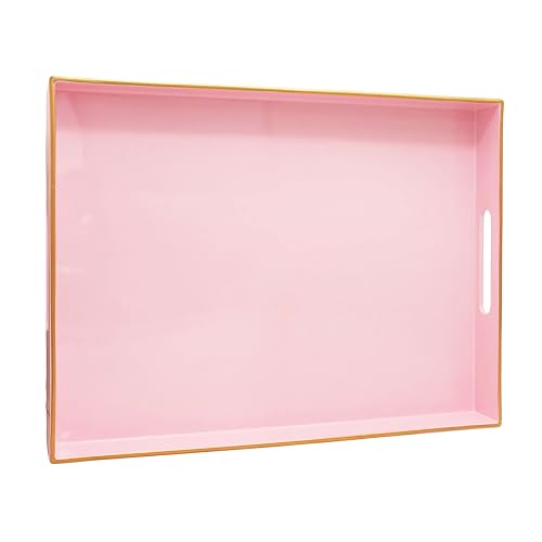 15.8" x 11.8" Pink Decorative Serving Tray with Gold Trim and Handles, Sturdy Rectangular Ottoman Tray for Living Room, Coffee Table, Kitchen Counter, Bathroom Vanity, Easy to Clean - color: Pink Gold Trim