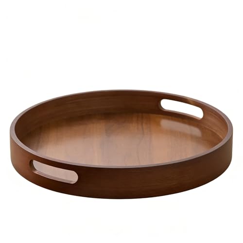 Rustic Wood Serving Tray with Handles - 11.8" Round, Decorative Tray for Kitchen Living Room Coffee Table Candle Display Breakfast in Bed, Multi-Functional Food & Beverage Wooden Tray, Farmhouse Style