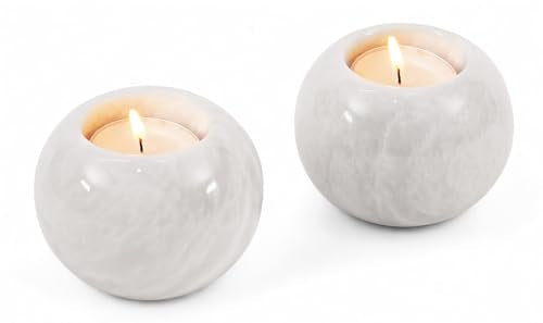 Marble Tealight Candle Holder 3 Inch Handmade White Stone Votive Holders for Gifts & Wedding Decorations - Small Tea Lights Candles Set of 2 for Dining Table Decor - size: 3 inches