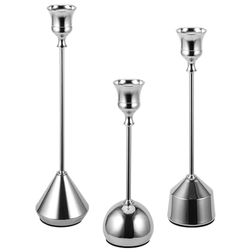 Elegant Vintage Silver Candlestick Holders, Set of 3 Taper Candle Holders with Weighted Base for Wedding, Dining Table, Holiday Decor - color: Silver