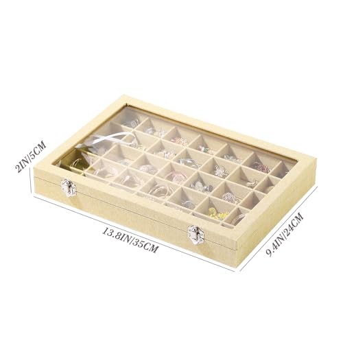 Coward Ring Earring Jewelry Organizer Box, 35 Grids Dustproof Display Holder Case, Yellow Linen Velvet Jewelry Bead Display Tray Case with Transparent Glass Lid for Momen Girls - color: Yellow Linen, size: 35Grids Box