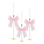 Mumufy 3 Pcs Gold Taper Candle Holder with Pink Christmas Bow Coquette Room Decor Candle Sticks Holder Fits LED Candles, Table Centerpiece Decor for Christmas Wedding Party