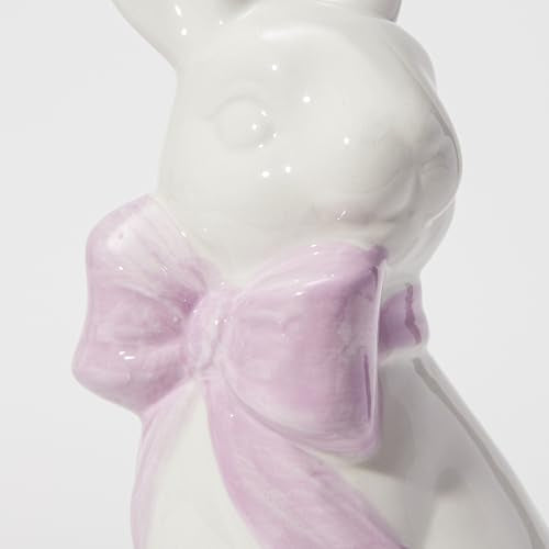 WDS WONDROUS 2PCS Easter Decoration Bunny Decor - Spring Easter White Rabbit Sculpture, Ceramic Statues with Bow for Farmhouse Home Decor Tabletop Shelf Mantel Dining Table Centerpiece