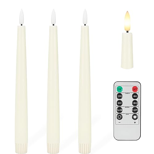 Flameless Taper Candles with 3D Wick, 9.6" Real Wax LED Candles with Remote and Timer, 3 Pack Flickering Candlesticks Battery Operated, Classic Tall Taper Candles for Home, Wedding, Party, Ivory - color: Ivory