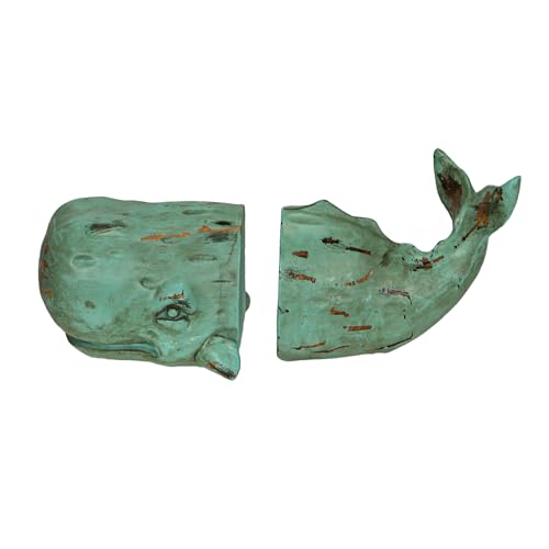 Verdigris Green Sperm Whale Head and Tail Bookends - Decorative Resin Nautical Bookshelf Organizers with Rustic Beach Charm and Unique Maritime Appeal - color: Whale - Green