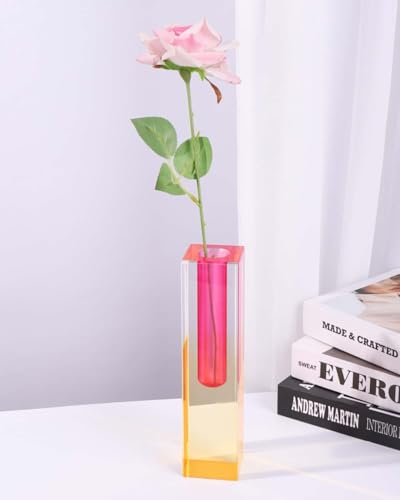 Acrylic Vase, Bud Vase for Centerpieces, Maximalist Decor Cute Flowers Vases for Modern Home, Office, Bedroom, Living Room, Dining Table (Fluorescent Pink, Sunny Orange) - color: Pink, Orange