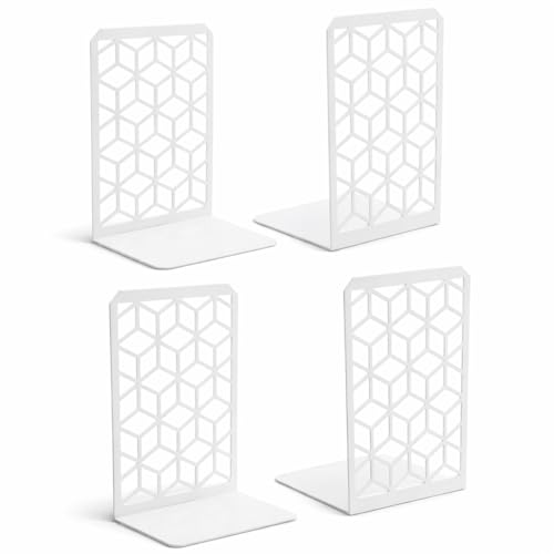 Geomod 3D Cube White Metal Bookends Decorative for Heavy Books - Sturdy Boho Book Stops - Minimal Book Shelf Stopper - Durable Office Bookends - Weighted Metal Book Holders - 7x4.75 Inches - 2 Pair - color: White, size: 2 Pairs, style: 3D Cube