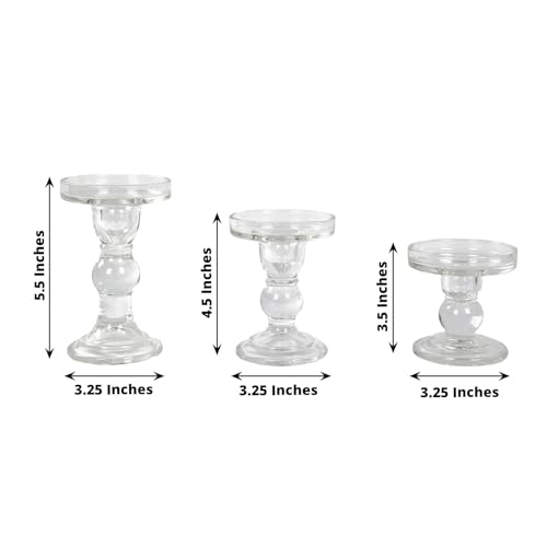 Efavormart Set of 3 Clear Premium Glass Pillar Candle Holders with Round Candle Tray, Crystal Ball Stem Taper Candlestick Stands Tea Light Holders with Stable Base - 3.5",4.5",5.5" - color: Type11