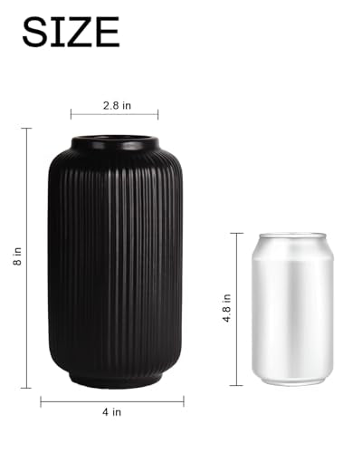 Black Ceramic Vase, 8 Inch Ribbed Flower Vase for Bouquet and Pampas Grass, Modern Wide Mouth Decorative Vase for Dining Table, Kitchen Shelf, Wedding Centerpiece - color: Black02