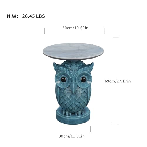 Luxurious Owl Side Table - 20" Premium Faux Marble Top Accent Table with Hand-Detailed Resin Owl Statue Base - High-End Round End Table for Study, Library, Nightstand - Tool-Free - color: Blue Owl