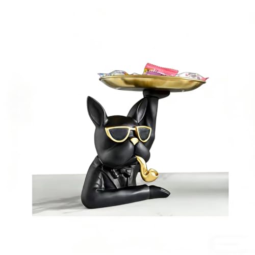 Black Dog Sculpture Tray 7.5 Inch Resin Statue Figurine with Removable Serving Tray, Cute Animal Decor for Entryway Coffee Table, Farmhouse Jewelry Catchall Key Holder - color: Black