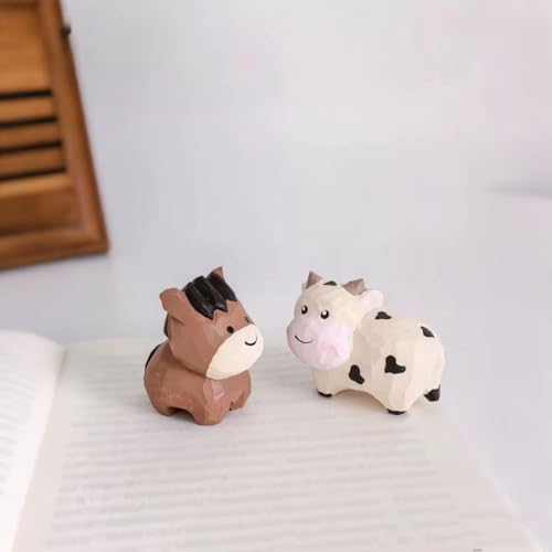 Small Wooden Milk Cow Figurines Craft, Hand-Carved Painted Milk Cow Figurine with Base, Cute Desktop Decor, Wooden Animal Statue Art Collectibles，Unique Gift for Animal Lovers - color: Milk Cow