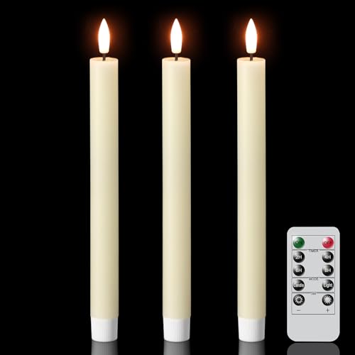GenSwin Flameless Taper Candles with Remote Timer, Real Wax LED Taper Candles Battery Operated with 3D Flame, 3Pcs Flickering Flamless Candlesticks for Halloween Christmas Decor(Ivory, 0.78” x 9.8”) - color: Ivory