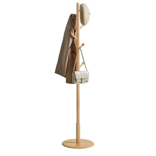 VASAGLE Solid Wood Coat Rack, Free Standing Hall Coat Tree with 7 Hooks, 3 Height Options, for Coats, Hats, Bags, Purses, for Entryway, Hallway, Rubberwood Hooks and Pole, Natural Beige URCR007N01 - color: Natural Beige, style: Round Base + Spherical Hook