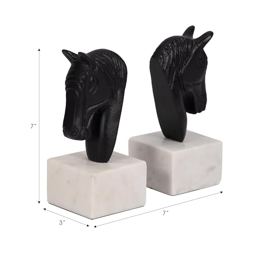 Bookends for Bookshelf Decor – Bold Metal Horse Head Bookends on Marble Base Perfect for Book Accessories – Decorative Bookends for Office, Desk Decor, or Home Library Set of 2 – 7" Black & White